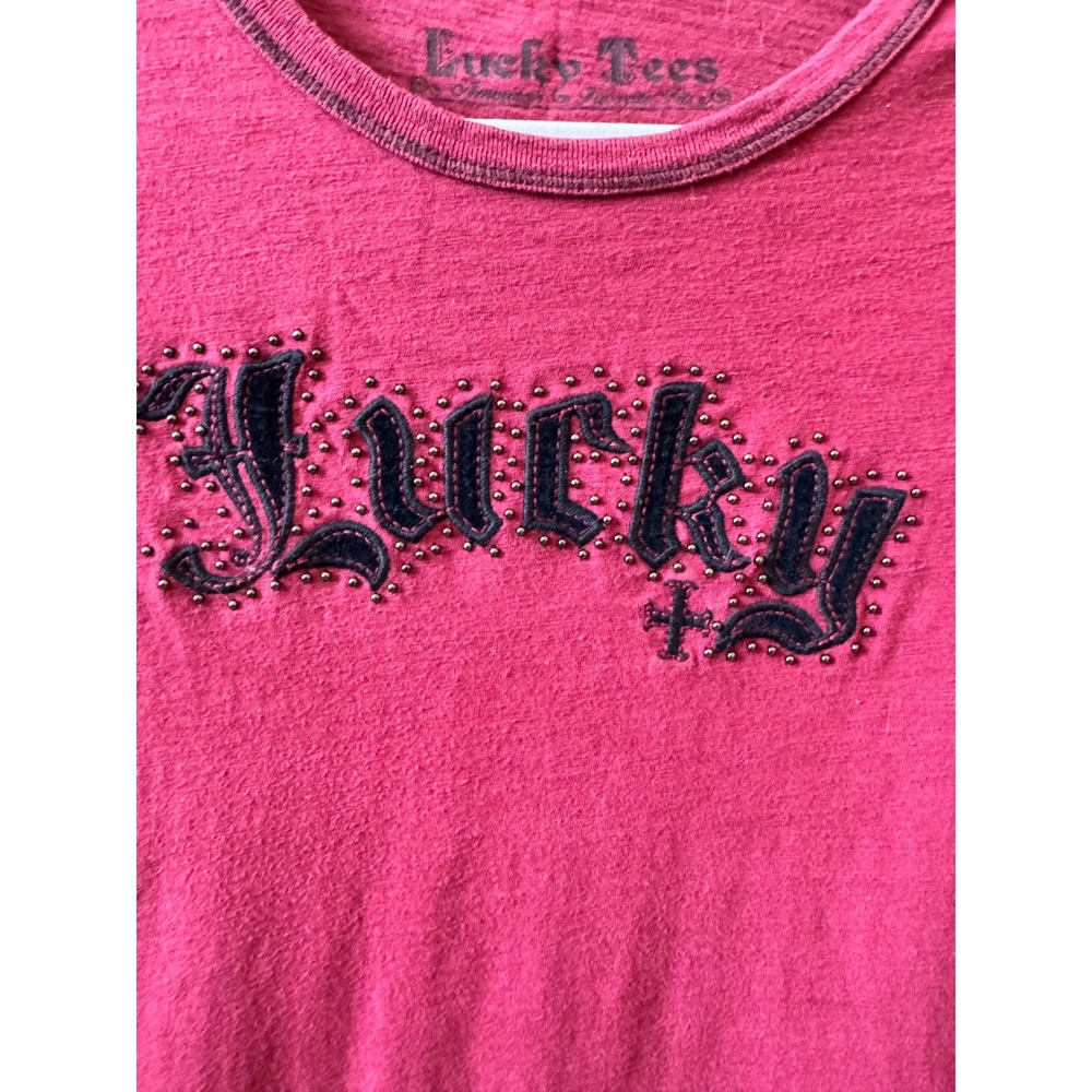 Are you getting Lucky tonight Tee Burgundy Red Studded  Logo Cotton Sz M‎ - Picture 2 of 6